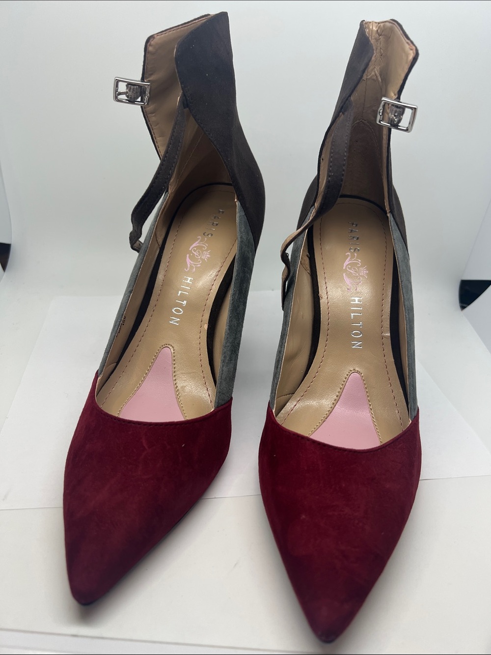 Paris Hilton Burgundy and Gray Pointed Suede Ankle-Strap Pumps